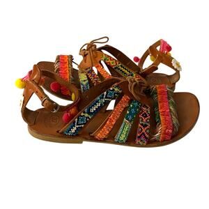 Elina Linardaki Women's Hula Hoop Woven Pom Pom Gladiator Sandal Size 37
